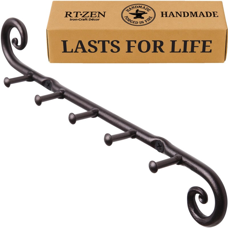 RTZEN Farmhouse Small Key Holder for Wall - Handcrafted Swirl Decorative 5 Key Hooks for Home Entryway - Wrought Iron Wall Mount Rack Purse Coat and Leash Holder or Organizer (Classic Black) - Image 1