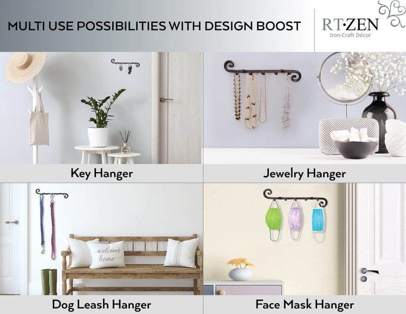 RTZEN Farmhouse Small Key Holder for Wall - Handcrafted Swirl Decorative 5 Key Hooks for Home Entryway - Wrought Iron Wall Mount Rack Purse Coat and Leash Holder or Organizer (Classic Black) - Image 5