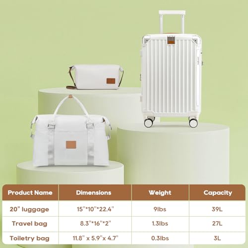 Joyway حقيبة سفر Joyway 20 بوصة مع حامل أكواب ومنفذ USB، سعة قابلة للتوسع بنسبة 25%، حقيبة ذكية بعجلات مضادة للانزلاق وحقيبة يد، مثالية للرجال والنساء مجموعة من 3 قطع باللون الأبيض - Image 5