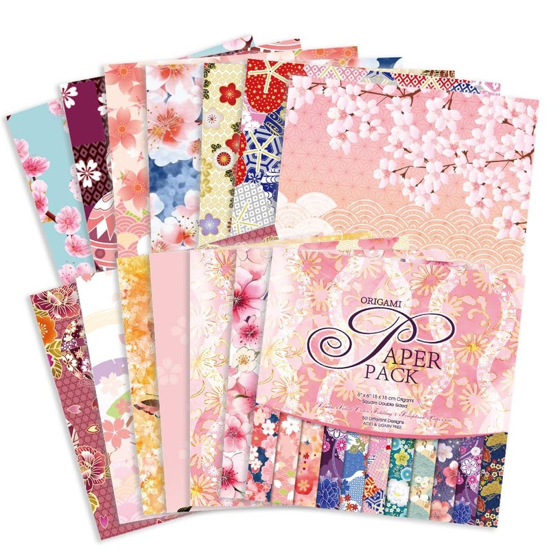 Qianshan Origami Paper Kit 50 Sheets 70GSM 6 Inch Square Double Sided Color 50 Vivid Japanese Washi Chiyo Colors for Hand Crafts Origami Paper Arts Creativity.Japanese Sakuras - Image 3