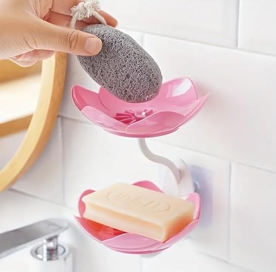 SHOPECOM SHOPECOM Wall- Mounted Drain Soap Box Double Layer Lotus Flower Shaped Soap Tray Removable Soap Dish Non- Slip Storage Self- Adhesive Bathroom Accessories (1pc) - Image 3