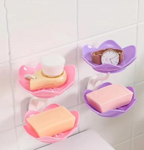 SHOPECOM SHOPECOM Wall- Mounted Drain Soap Box Double Layer Lotus Flower Shaped Soap Tray Removable Soap Dish Non- Slip Storage Self- Adhesive Bathroom Accessories (1pc) - Image 2