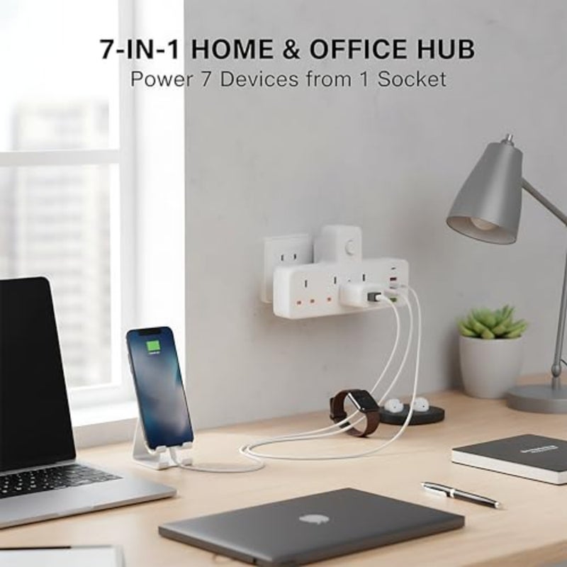 Generic 7-in-1 Multi Plug Extension with 3 AC Outlets and 4 USB USB-C 3A,13A Fused Adapter with Protection Switch, Wall Charger Power Strip for Home, Office Accessories and Travel Essentials - Image 2