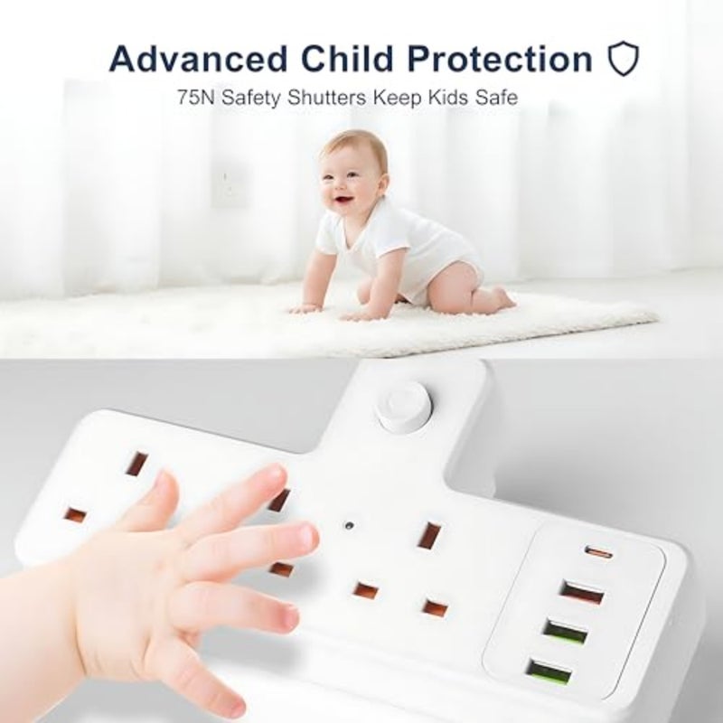 Generic 7-in-1 Multi Plug Extension with 3 AC Outlets and 4 USB USB-C 3A,13A Fused Adapter with Protection Switch, Wall Charger Power Strip for Home, Office Accessories and Travel Essentials - Image 4