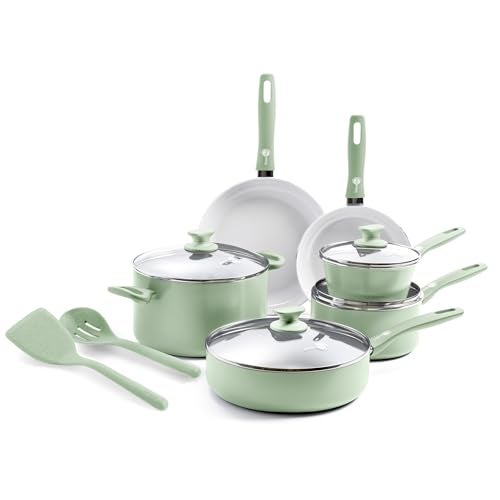 GreenPan Dover Healthy Ceramic Nonstick 12 Piece Cookware Pots and Pans Set PFASFree Dishwasher Safe Comfort Grip Handle Pastel Green - Image 1