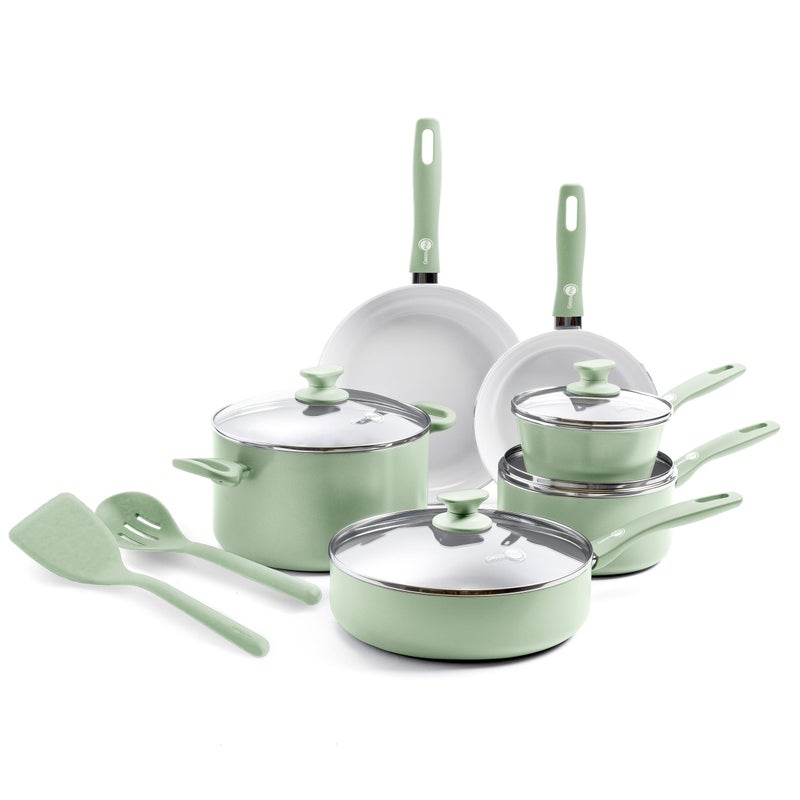GreenPan Dover Healthy Ceramic Nonstick 12 Piece Cookware Pots and Pans Set PFASFree Dishwasher Safe Comfort Grip Handle Pastel Green - Image 2