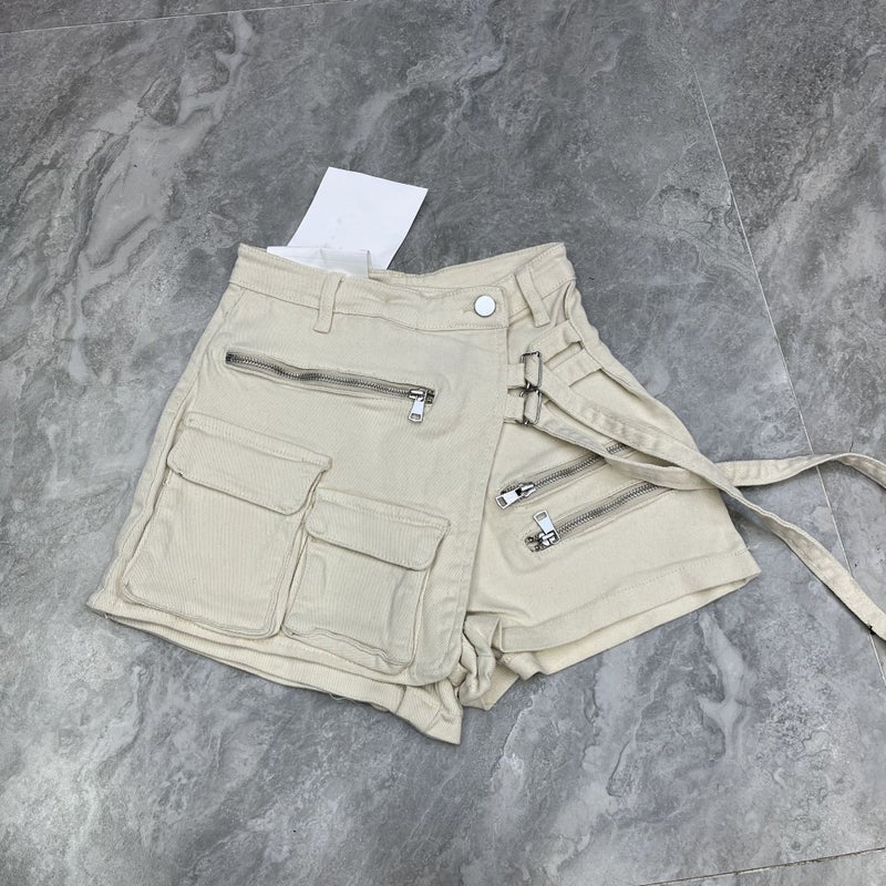 Womens Korean-style irregular multi-pocket workwear A- line shorts loose wide-leg pants 2023 Summer bottoming denim skirt Apricot 11617 - Image 1