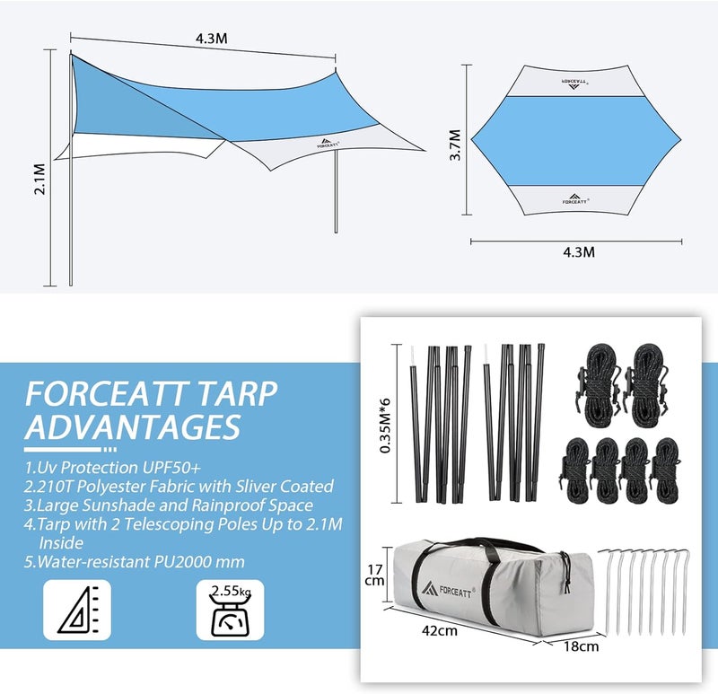 Forceatt 12x14FT Tarp with 2 Poles, Waterproof Anti-UV Camping Tarp Car Awning (UPF50+), Lightweight Sun Shelter for Car, Tent and Hammock in Hiking, Backpacking, Garden and Traveling - Image 2