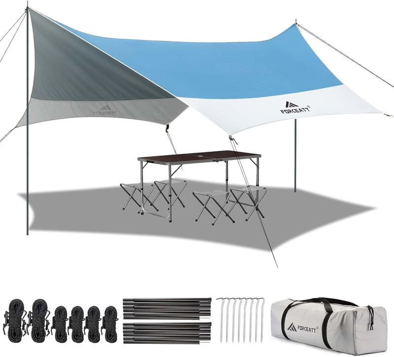 Forceatt 12x14FT Tarp with 2 Poles, Waterproof Anti-UV Camping Tarp Car Awning (UPF50+), Lightweight Sun Shelter for Car, Tent and Hammock in Hiking, Backpacking, Garden and Traveling - Image 1