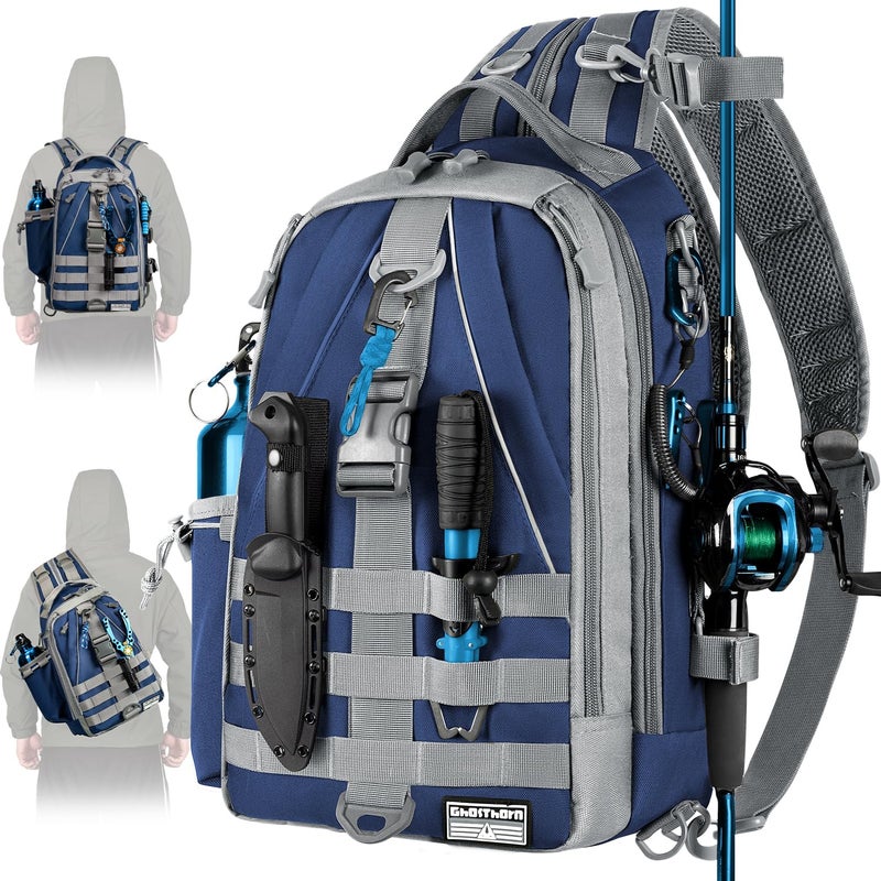 Ghosthorn Fishing Backpack Tackle Sling Bag-Backpack with Rod Holder- Lightweight Tackle Box Fly Fishing Gifts for Men Women (Large Blue) - Image 1