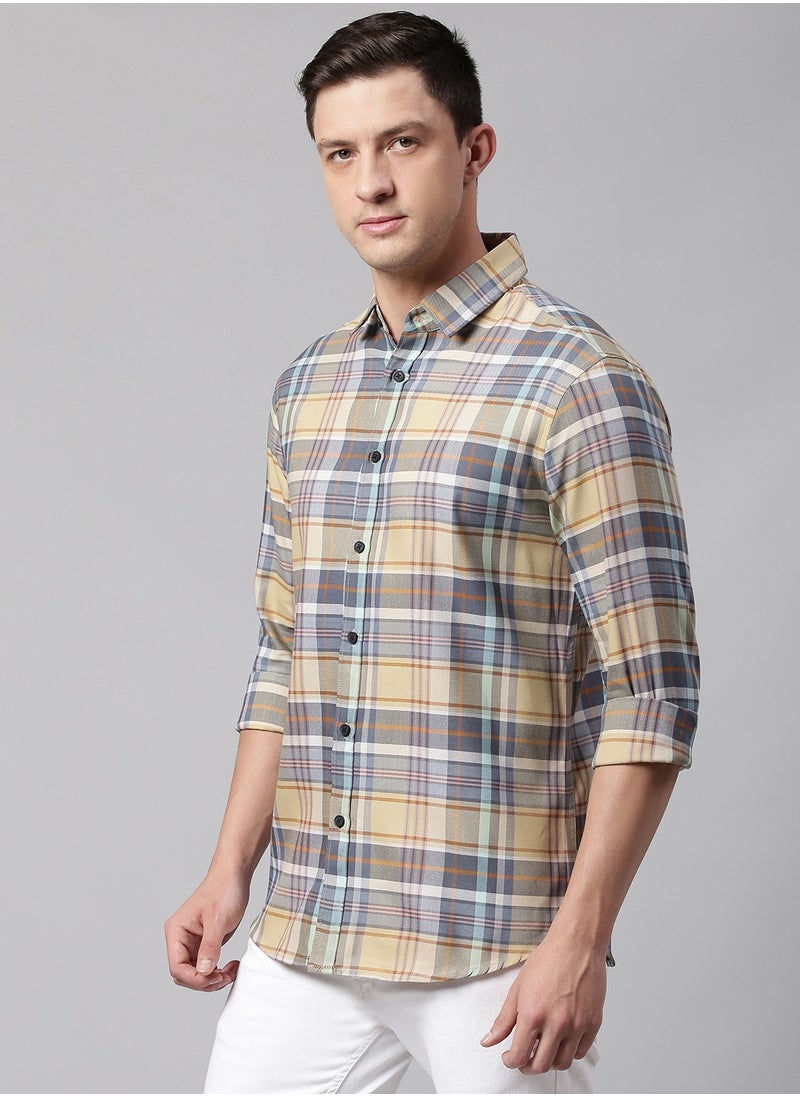 Dennis Lingo - Slim Fit Orange Men's Checkered Shirt, Spread Collar, Full Sleeves, 100% Cotton, - Image 1