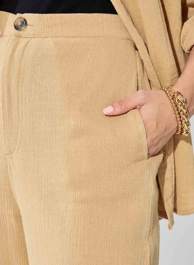 Styli High Rise Wide Leg Textured Trouser