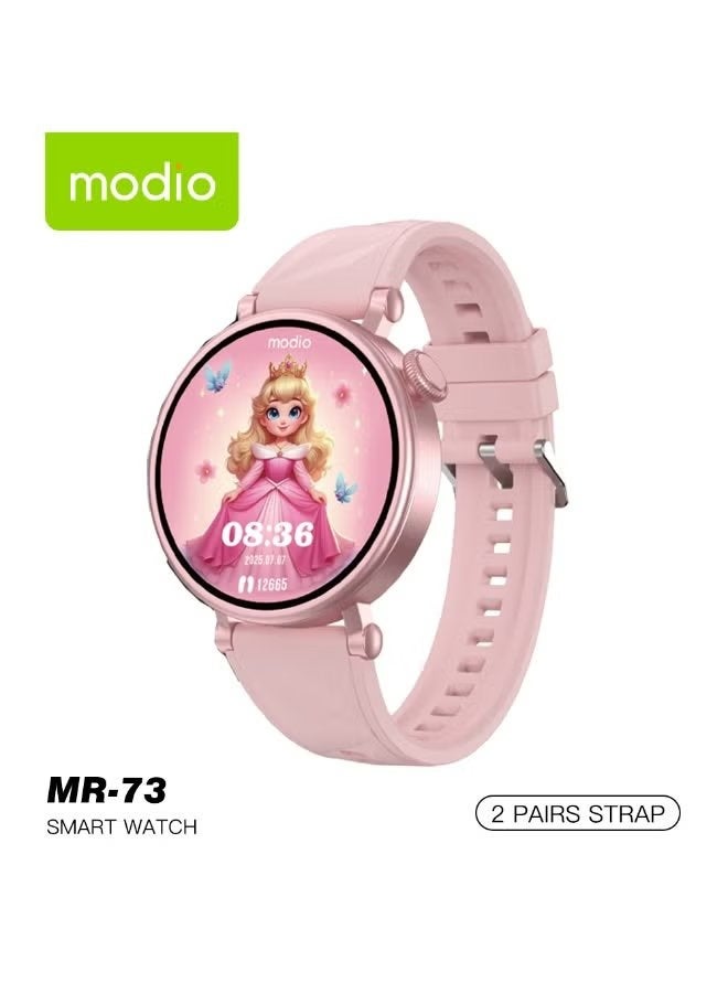 modio MR-73 Kids Smart Watch with Bluetooth Calling, SOS Alert, Interactive Games, Fitness Tracker, Dual Color Straps, Fun & Educational Watch for Children – Pink - Image 1