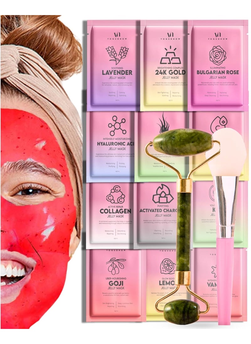 VogueNow - Jelly Mask for Facials  12 Flavors Hydrating  Brightening Jelly Face Masks  Free Jade Roller  Spatula Bulgarian Rose Lavender Hyaluronic Acid 24K Gold face mask  International Womens Day Gifts - Image 1