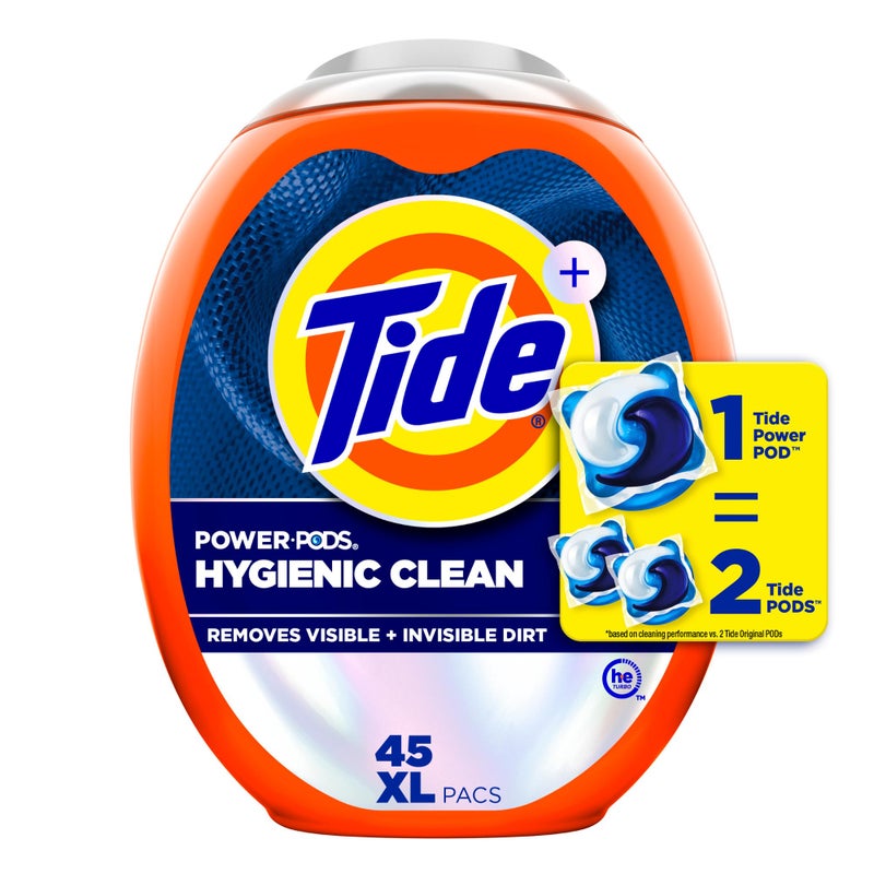 Tide Power PODs Hygienic Clean Heavy Duty Liquid Laundry Detergent Pacs, Free and Clear of Dyes and Perfumes, For Visible and Invisible Dirt, 45 Count, HE Compatible - Image 1