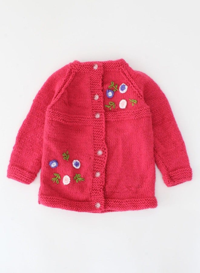 KNIT GEMS كارديجان محبوك للبنات الصغيرات من KNIT GEMS | ملابس شتوية بأكمام طويلة مطرزة يدوياً | صوف ناعم للأطفال حديثي الولادة (وردي) - Image 2