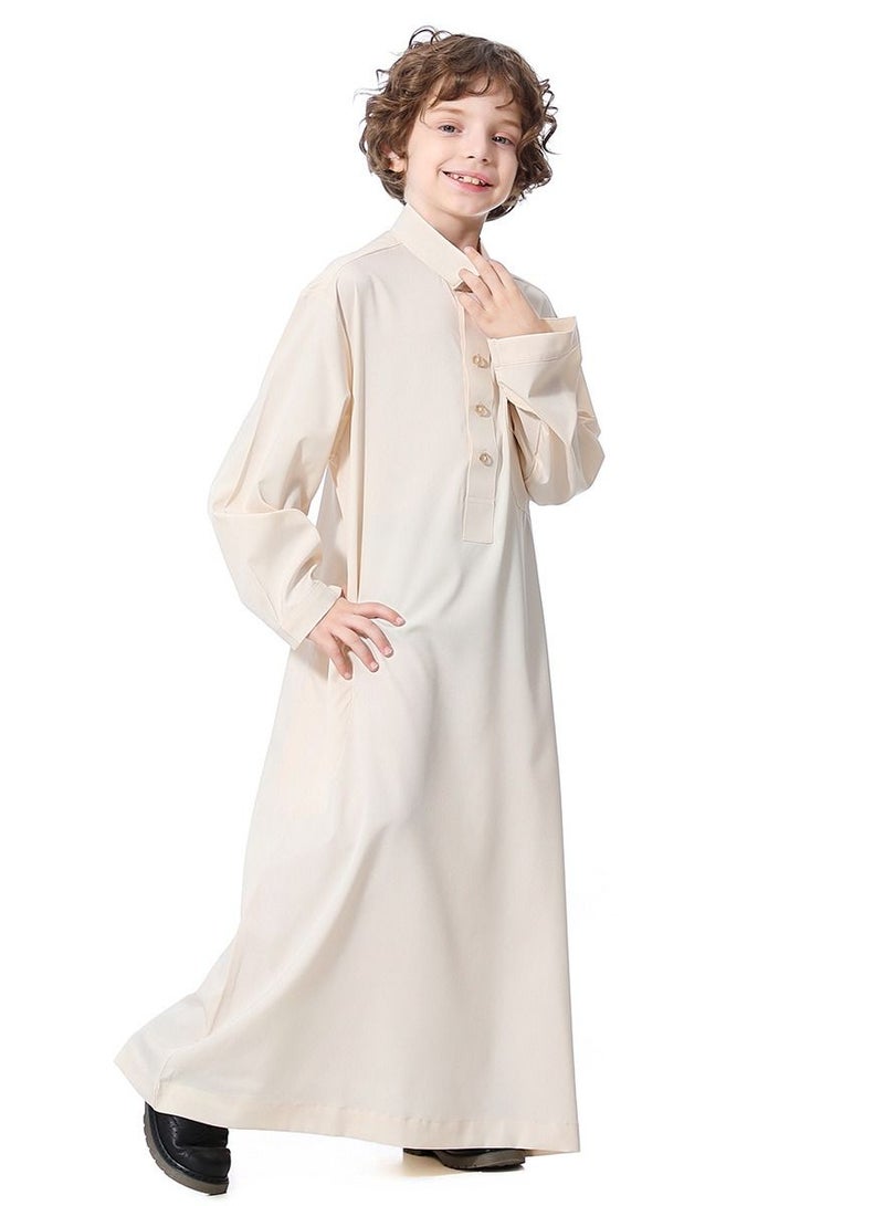 Loquat Boys Solid Color Stand Collar Long Sleeve Abaya Robe Islamic Arabic Kaftan Light Beige  - Image 2