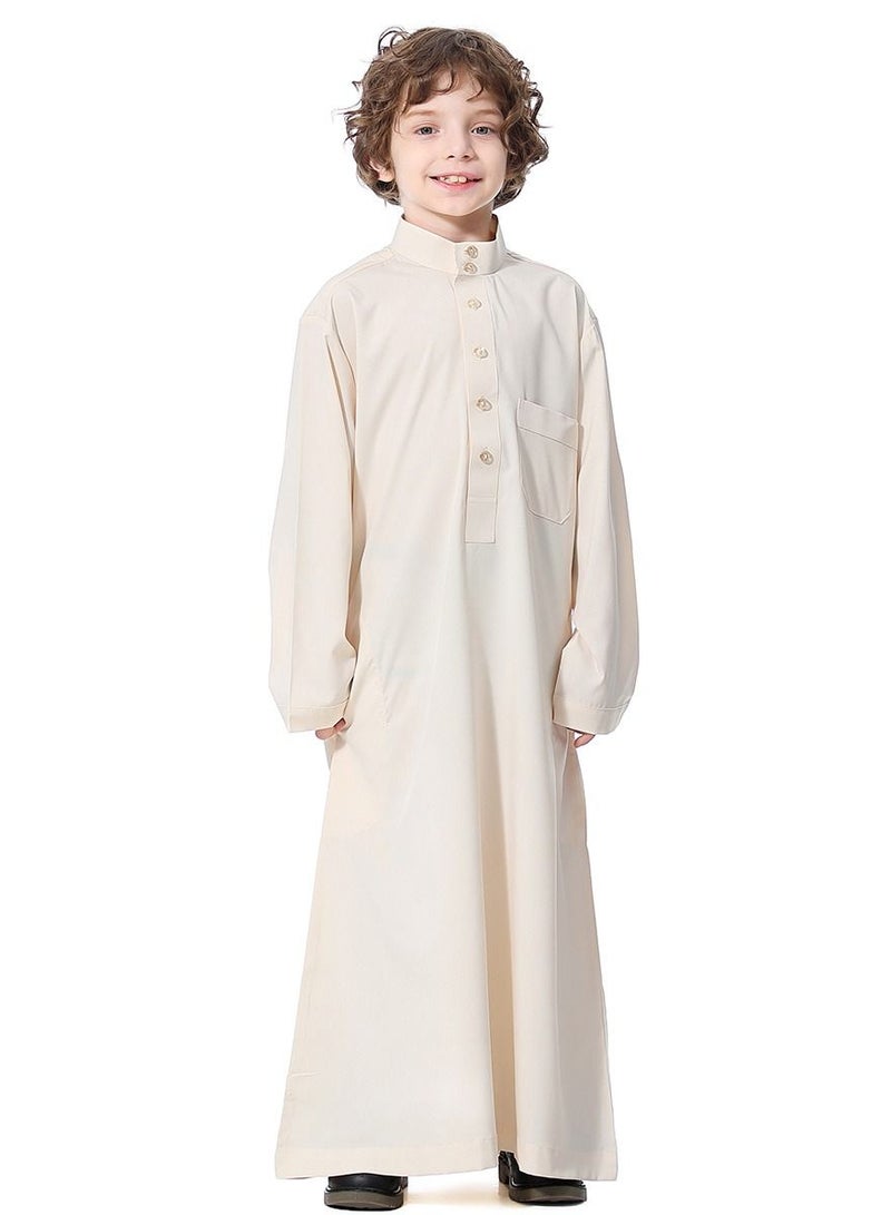 Loquat Boys Solid Color Stand Collar Long Sleeve Abaya Robe Islamic Arabic Kaftan Light Beige  - Image 1
