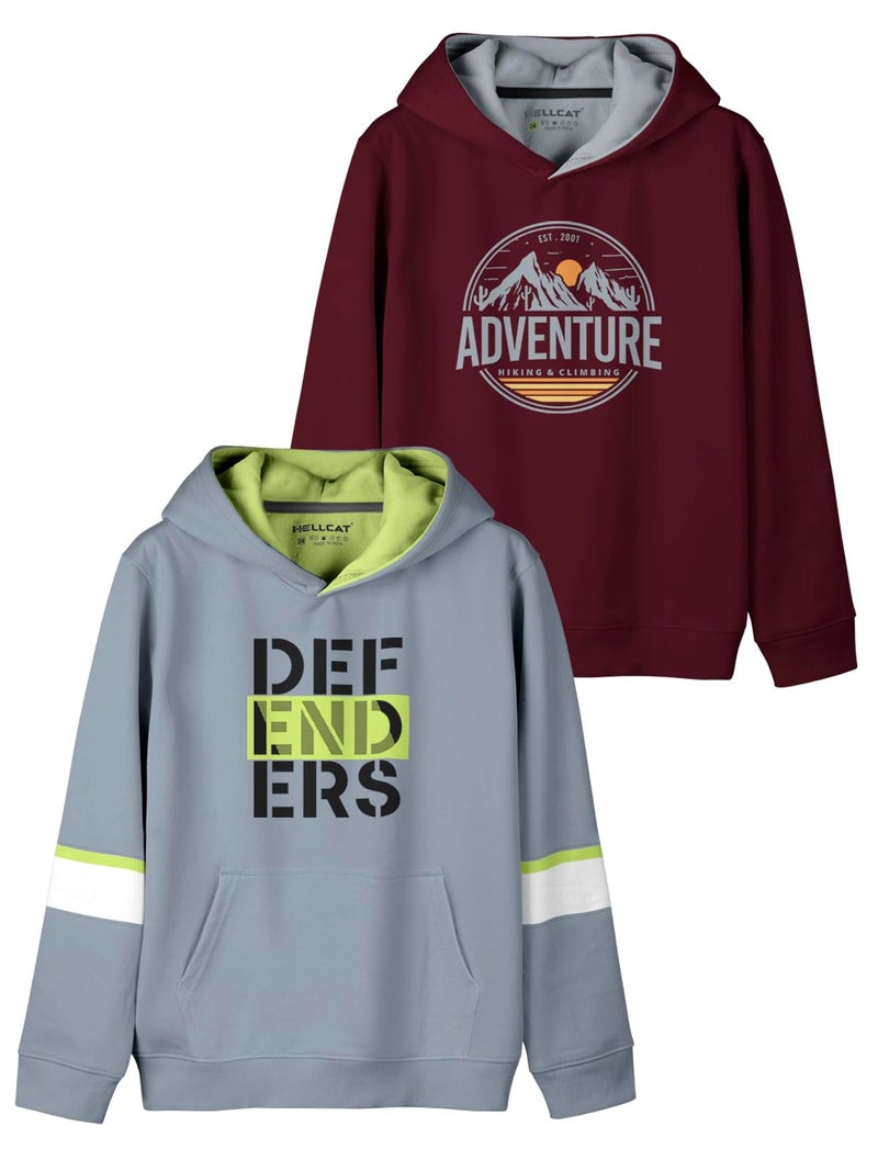 HELLCAT Printed Cotton Blend Hoodie, Hooded Neck Regular Fit Sweatshirt For Boys - Pack Of 2, Bluish Grey/Burgundy, 3-4 Years - Image 1