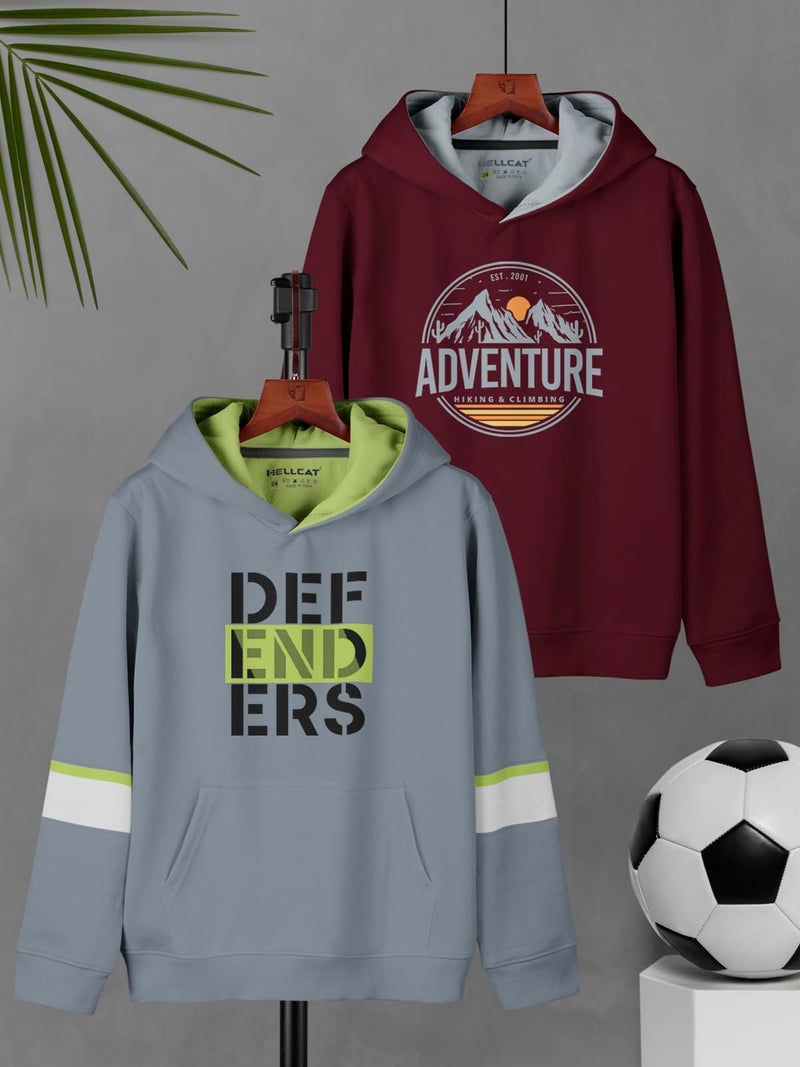 HELLCAT Printed Cotton Blend Hoodie, Hooded Neck Regular Fit Sweatshirt For Boys - Pack Of 2, Bluish Grey/Burgundy, 3-4 Years - Image 2