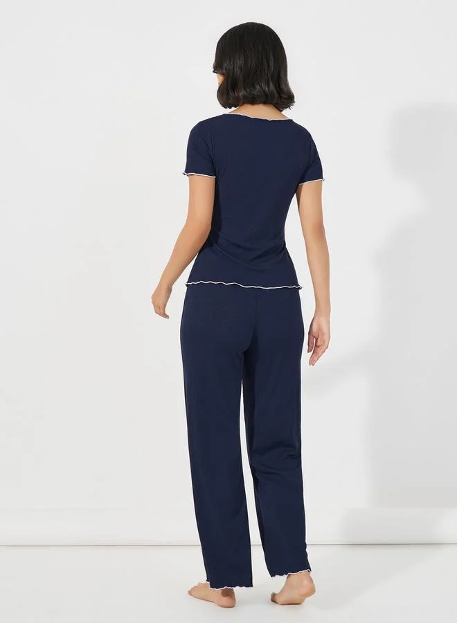 Styli Mono Contrast Edge Rib Wrap Over T-Shirt & Pyjama Set