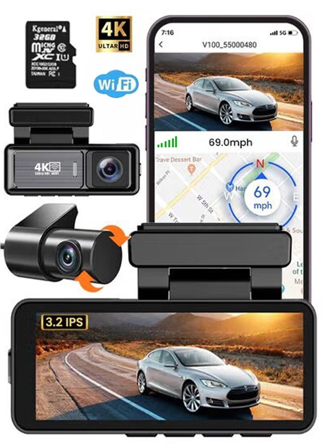 RFAQK 4K Dash Cam for Car Front and Back 3.2 Inch screen 32GB Card Car Dash Camera with Night Vision, Parking Monitor  - Image 1