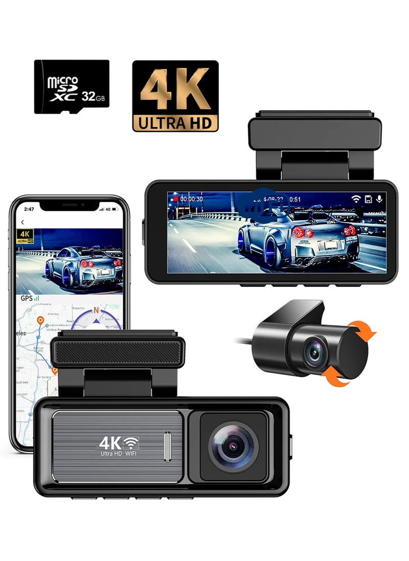 RFAQK 4K Dash Cam for Car Front and Back 3.2 Inch screen 32GB Card Car Dash Camera with Night Vision, Parking Monitor  - Image 1