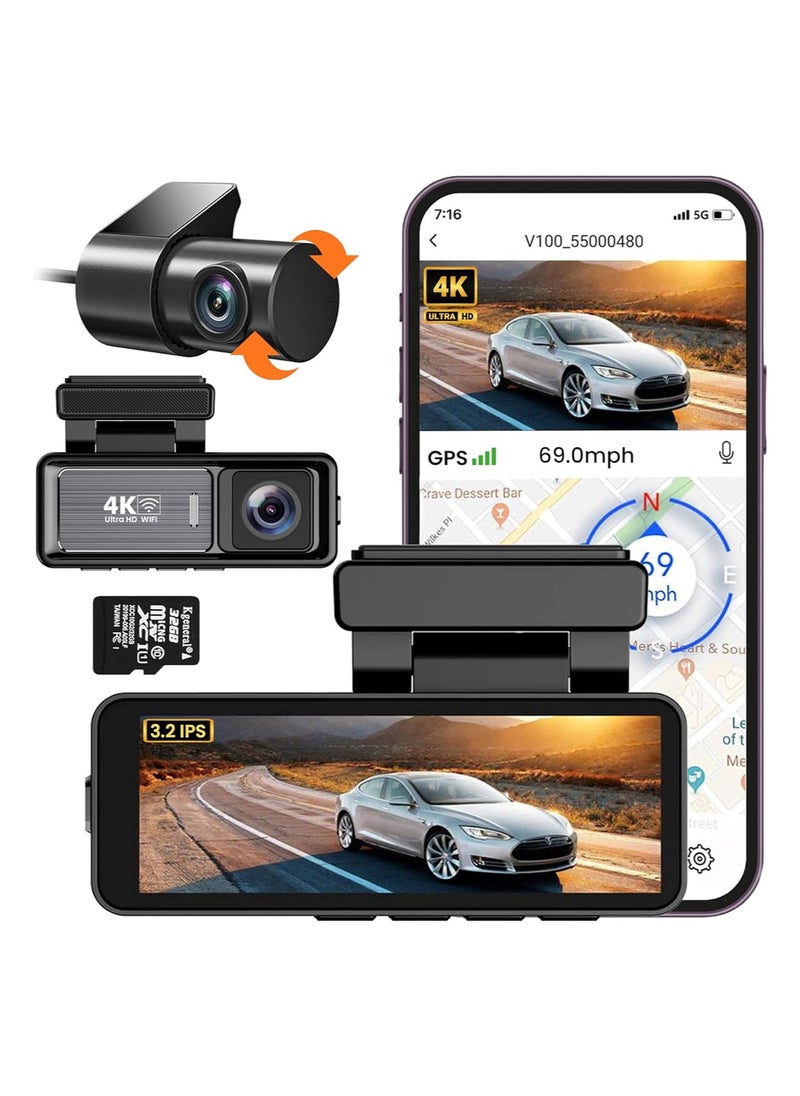 RFAQK 4K Dash Cam for Car Front and Back 3.2 Inch screen 32GB Card Car Dash Camera with Night Vision, Parking Monitor  - Image 1