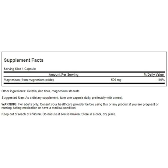 Swanson Magnesium Oxide 500 mg 100 Caps - Image 2