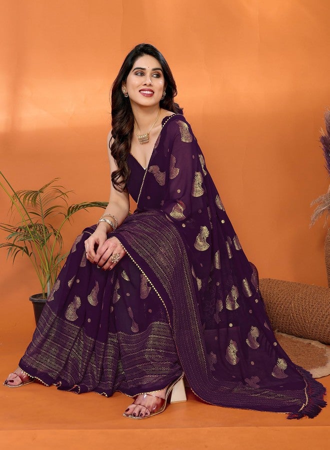 SIRIL Women's Georgette Foil Printed Saree with Unstitched Blouse Piece (4256S673_Purple) - Image 3