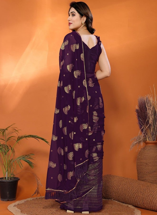 SIRIL Women's Georgette Foil Printed Saree with Unstitched Blouse Piece (4256S673_Purple) - Image 2