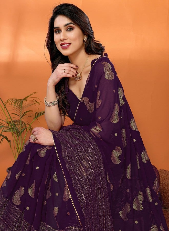 SIRIL Women's Georgette Foil Printed Saree with Unstitched Blouse Piece (4256S673_Purple) - Image 4