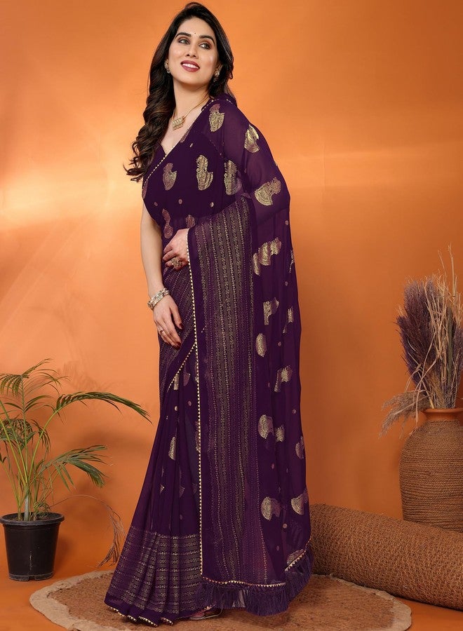SIRIL Women's Georgette Foil Printed Saree with Unstitched Blouse Piece (4256S673_Purple) - Image 1