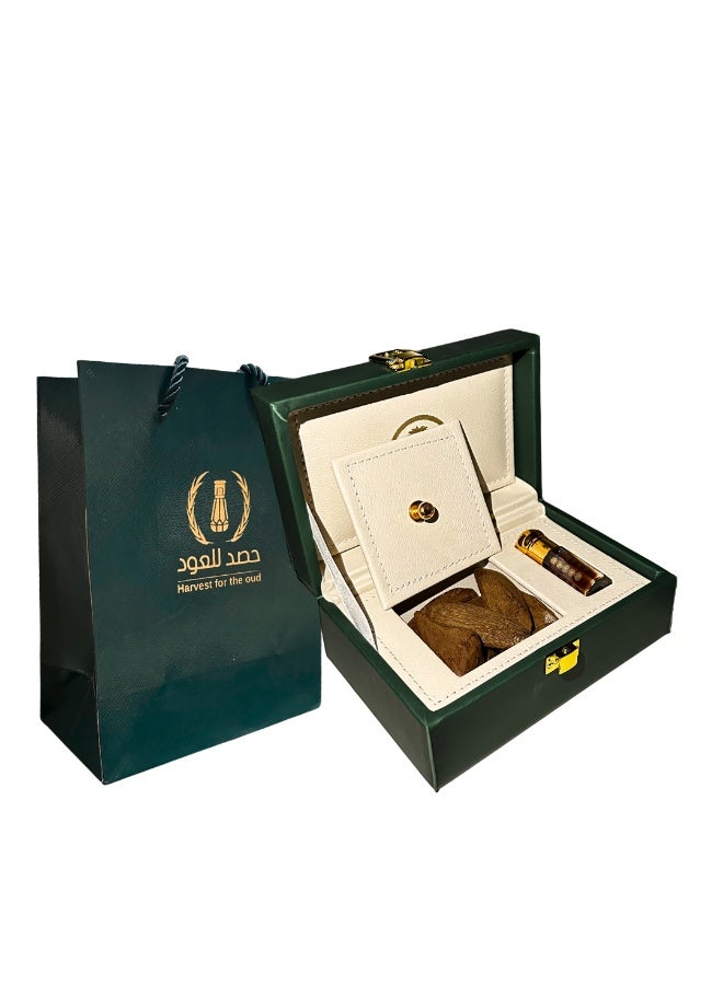 HASD-OUD Gift Box | Al-Diriyah Box | with Saudi Emblem | One Ounce of Maroki Oud + Quarter Tola of Luxury Mukhallat | Gift Bag - Image 1