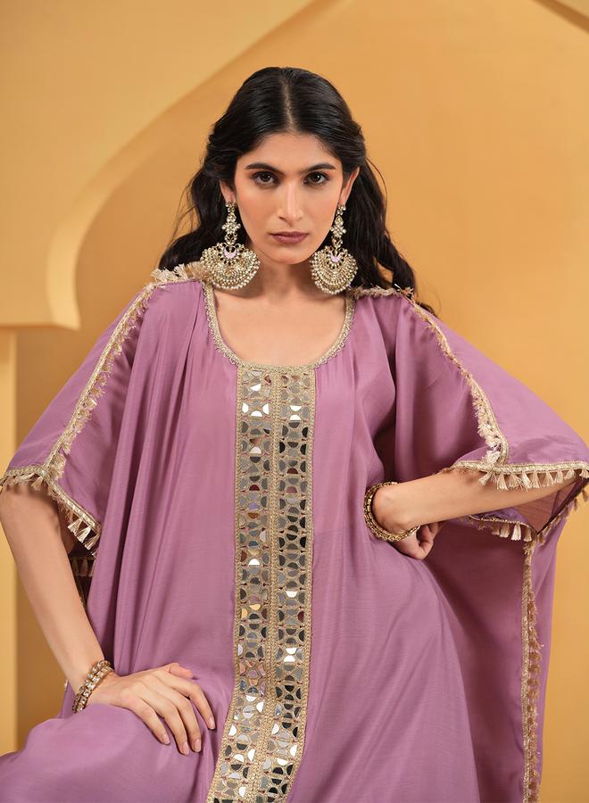 ISHIN Women's Purple Viscose Silk Embellished A-Line Kaftan Upperwear Calf Length Palazzo Bottomwear Flowy 2 Peice Kurta Set - Image 5