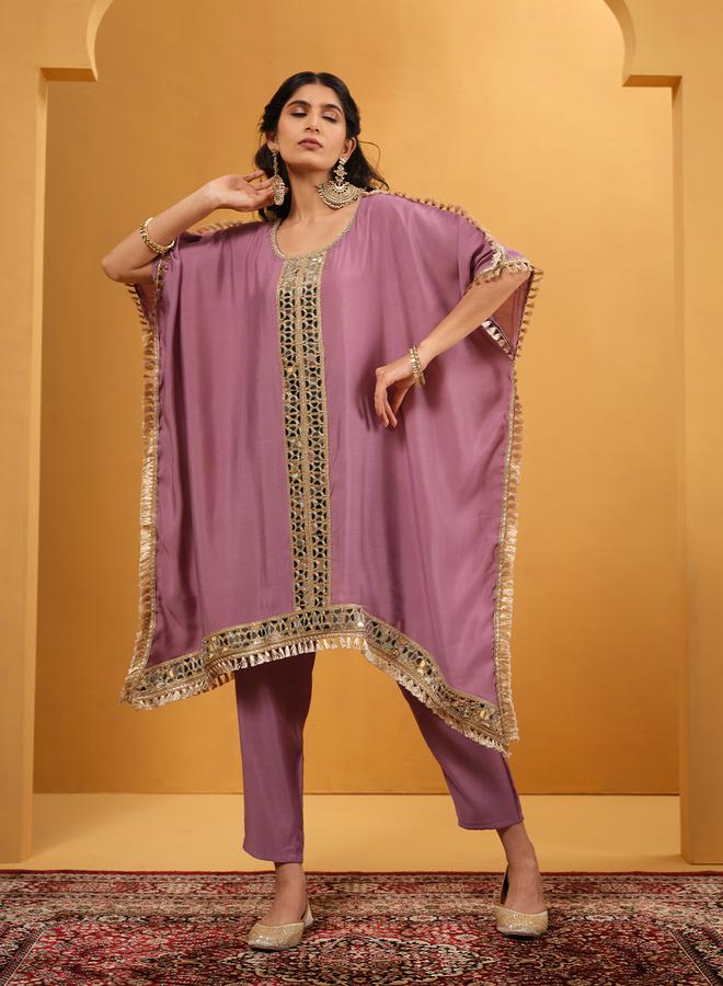 ISHIN Women's Purple Viscose Silk Embellished A-Line Kaftan Upperwear Calf Length Palazzo Bottomwear Flowy 2 Peice Kurta Set - Image 1
