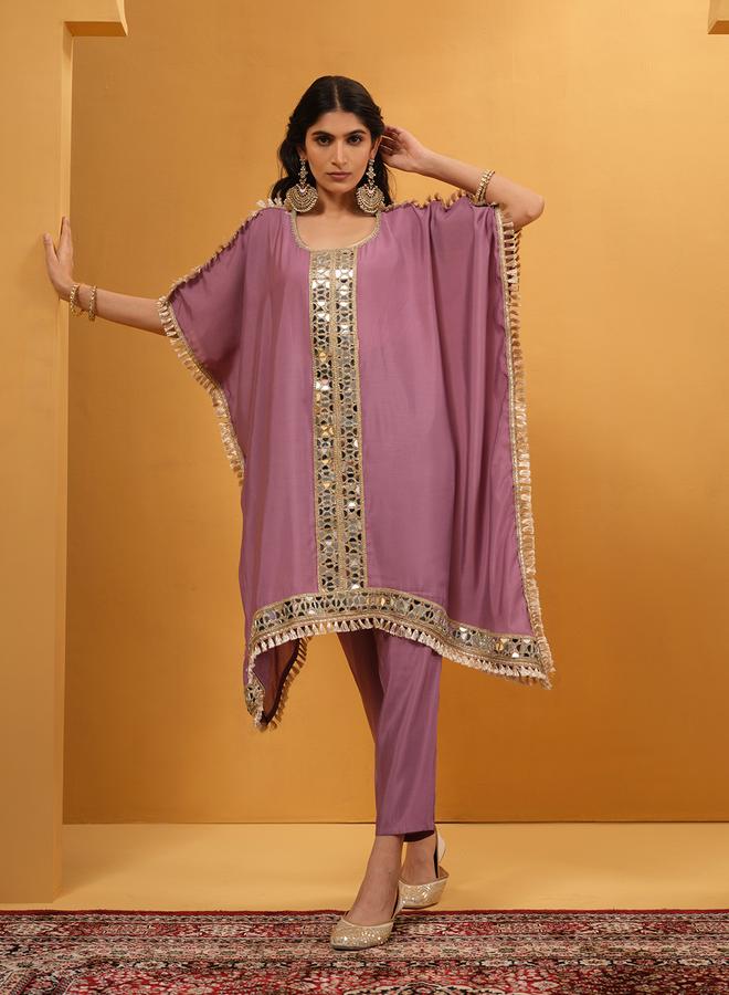 ISHIN Women's Purple Viscose Silk Embellished A-Line Kaftan Upperwear Calf Length Palazzo Bottomwear Flowy 2 Peice Kurta Set - Image 3