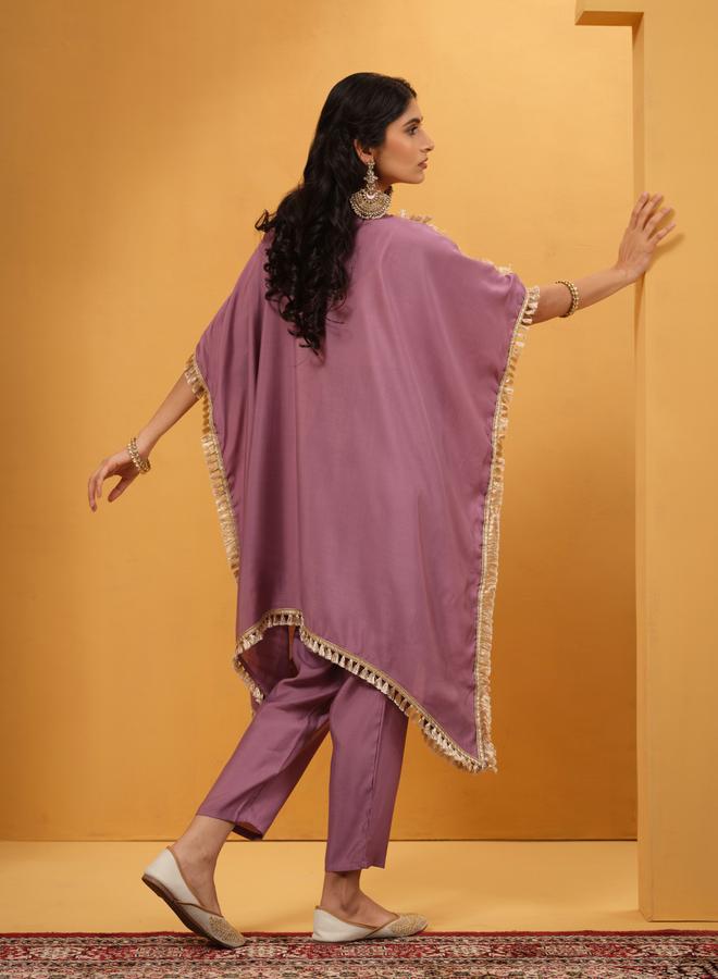 ISHIN Women's Purple Viscose Silk Embellished A-Line Kaftan Upperwear Calf Length Palazzo Bottomwear Flowy 2 Peice Kurta Set - Image 2