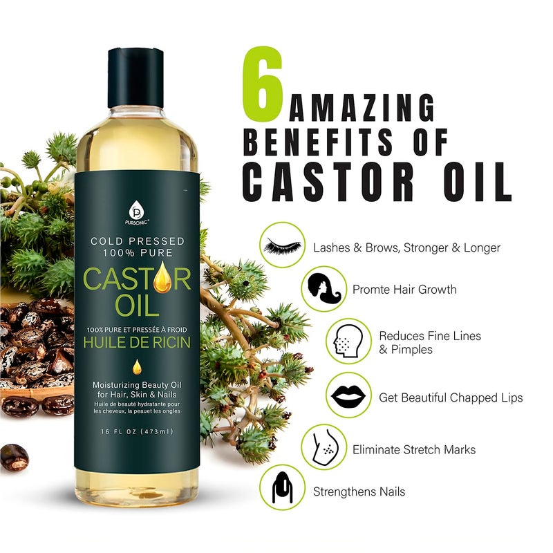 Pursonic Castor Oil (16oz) Cold-Pressed, 100% Pure, Hexane-Free Castor Oil-Moisturizing & Healing, For Dry Skin, Hair Growth - For Skin, Hair Care, Eyelashes - Image 2