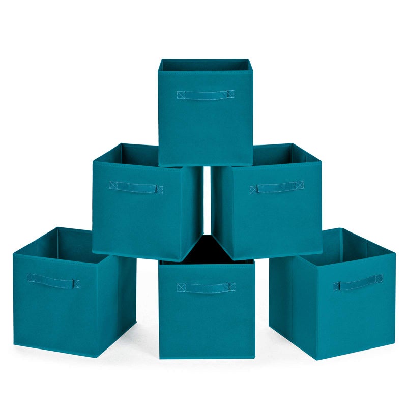 MaidMAX Cloth Storage Bins, Set of 6 Foldable Collapsible Fabric Cubes Organizers Basket with Dual Handles, Teal - Image 1
