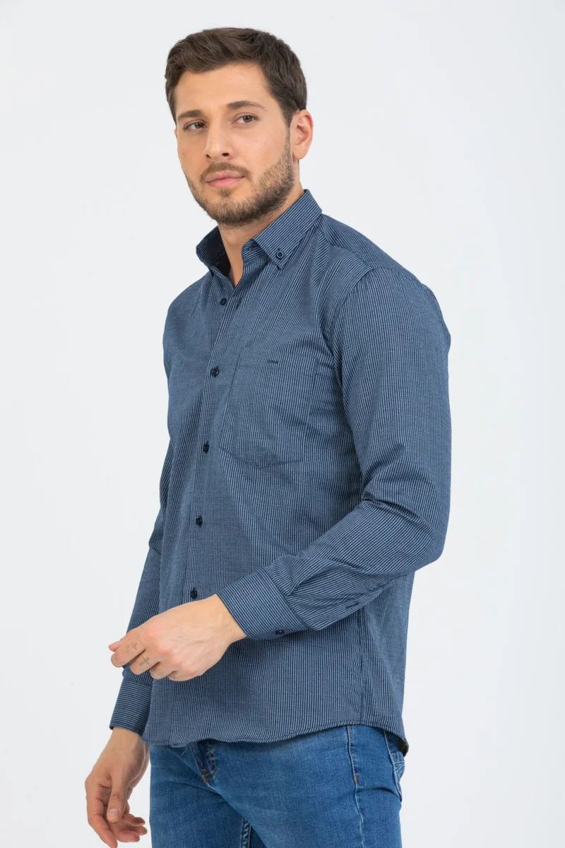 Varetta Men's Navy Blue Long Sleeve Striped Single Pocket Collar Buttoned Shirt
