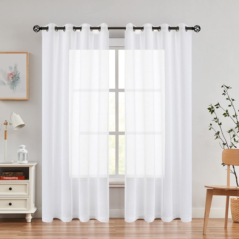 Randall Snow White Linen Sheer Curtain Panel Sets of 2 with Eyelets Open Weave Faux Linen Window Treament for Living Room Bedroom Farmhouse Elegant Nickel Grommet Top54x95 Inch