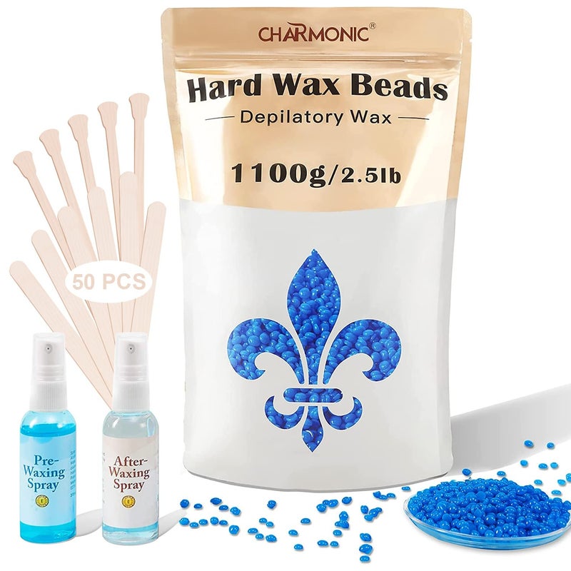 Charmonic 2.5 lb/1100g Wax Beads, Hard Wax Kit with 2 Wax Treatment Oils, Hard Wax Beads for Legs Underarm Face Bikini, and Brazilian Hair Remover, Women and Men Hair Removal Wax Beans Include 50 Waxing Sticks - Image 1