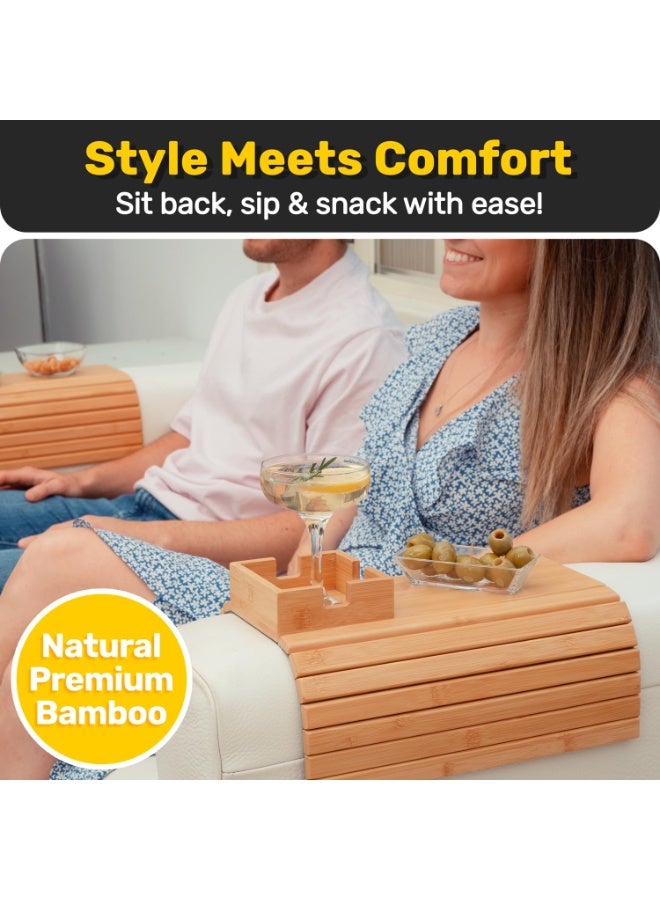 هومستر صينية مسند أرنكة خشب الخيزران، قابلة للفصل 2 في 1 مع منظم القاعدة، طبق وجبة خفيفة قابلة للطي، طاولة ذراع الأرائك مع حامل الكأس للشراب والوجبات الخفيفة، متوافقة مع متنحي وشهية، براون، 41.5*34 سم - Image 4