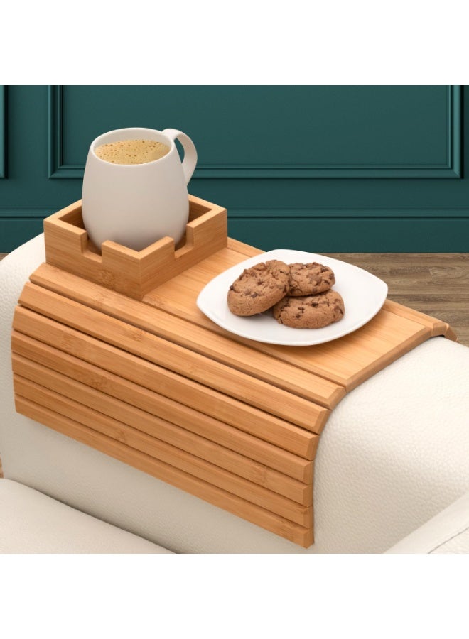 هومستر صينية مسند أرنكة خشب الخيزران، قابلة للفصل 2 في 1 مع منظم القاعدة، طبق وجبة خفيفة قابلة للطي، طاولة ذراع الأرائك مع حامل الكأس للشراب والوجبات الخفيفة، متوافقة مع متنحي وشهية، براون، 41.5*34 سم - Image 1