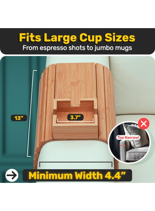 هومستر صينية مسند أرنكة خشب الخيزران، قابلة للفصل 2 في 1 مع منظم القاعدة، طبق وجبة خفيفة قابلة للطي، طاولة ذراع الأرائك مع حامل الكأس للشراب والوجبات الخفيفة، متوافقة مع متنحي وشهية، براون، 41.5*34 سم - Image 3