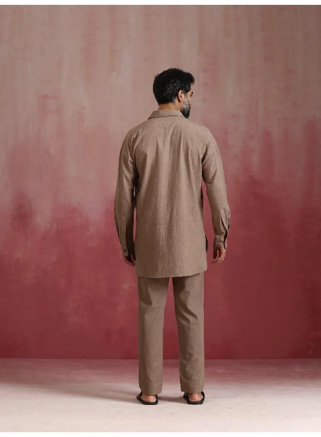 ترو برونز Men's Grey Cotton Shirt Collar Stylized Kurta Co-ord set