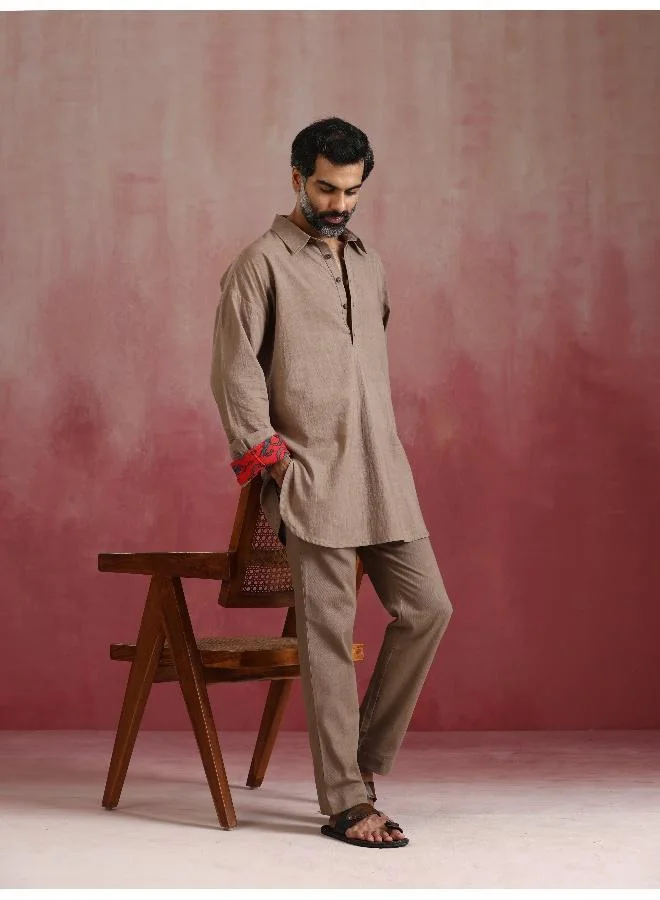 ترو برونز Men's Grey Cotton Shirt Collar Stylized Kurta Co-ord set