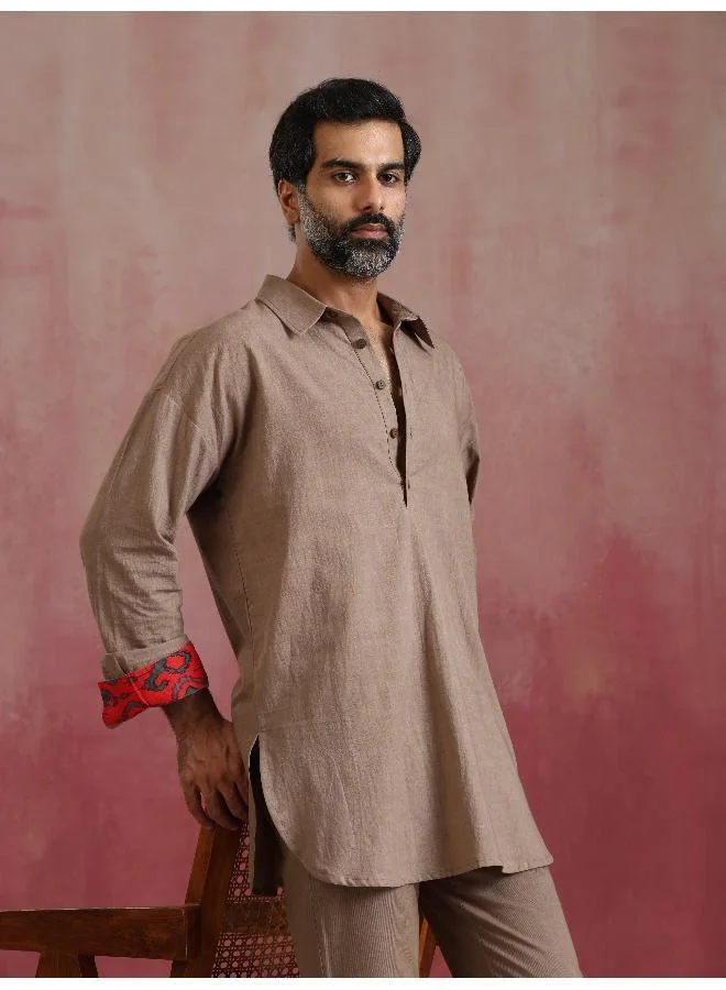 ترو برونز Men's Grey Cotton Shirt Collar Stylized Kurta Co-ord set