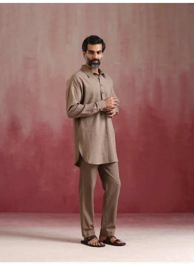 trueBrowns Men's Grey Cotton Shirt Collar Stylized Kurta Co-ord set